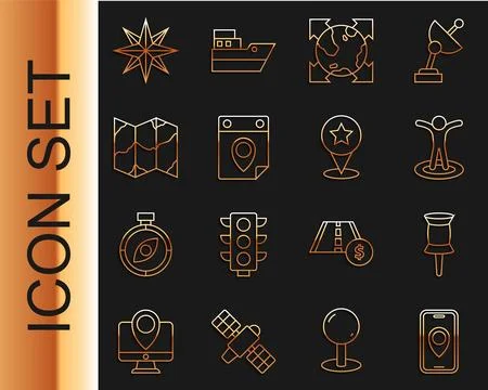 Set line City map navigation, Push pin, Location with person, World globe c.. Stock Illustration