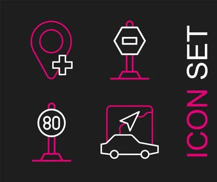 Set line City map navigation, Speed limit traffic, Stop sign and Location i.. Ilustración de archivo