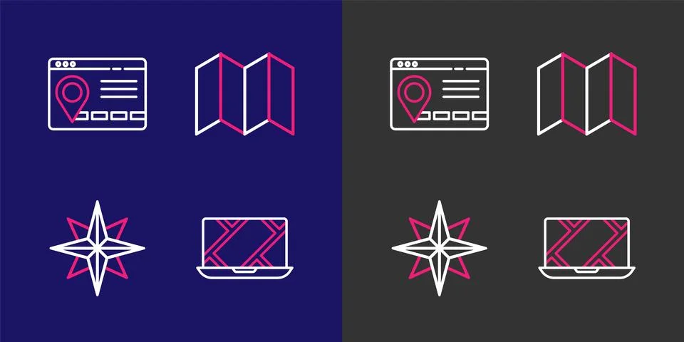 Set line City map navigation, Wind rose, Folded and Infographic of city ico.. Illustrazione stock