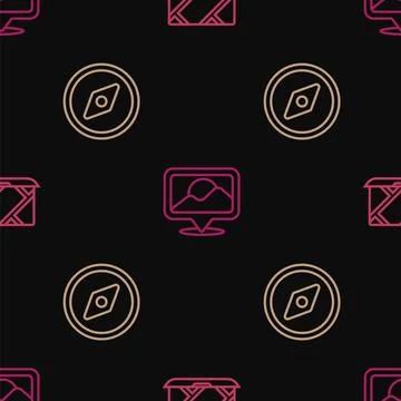 Set line City map navigation, Compass and Location on seamless pattern. Vecto Stock Illustration