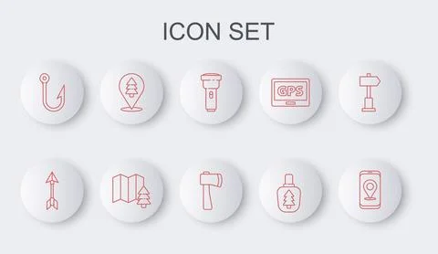 Set line City map navigation, Hipster arrow, Flashlight, Canteen water bott.. Stock Illustration