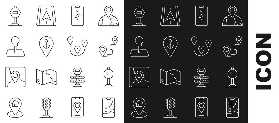 Set line City map navigation, Traffic sign turn left, Route location, Compa.. Stock Illustration