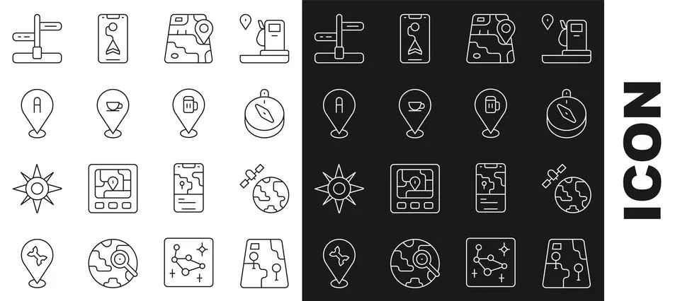 Set line City map navigation, Satellites orbiting the planet, Compass, Loca.. Stock Illustration