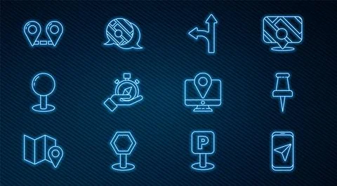 Set line City map navigation, Push pin, Road traffic sign, Compass, Route l.. Stock Illustration