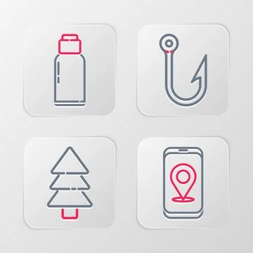 Set line City map navigation, Tree, Fishing hook and Canteen water bottle i.. Stock Illustration