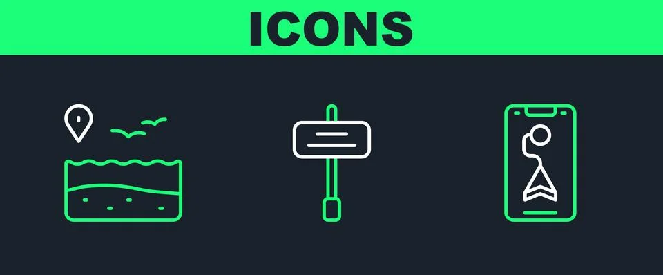 Set line City map navigation, Location with beach and Road traffic sign ico.. Stock Illustration