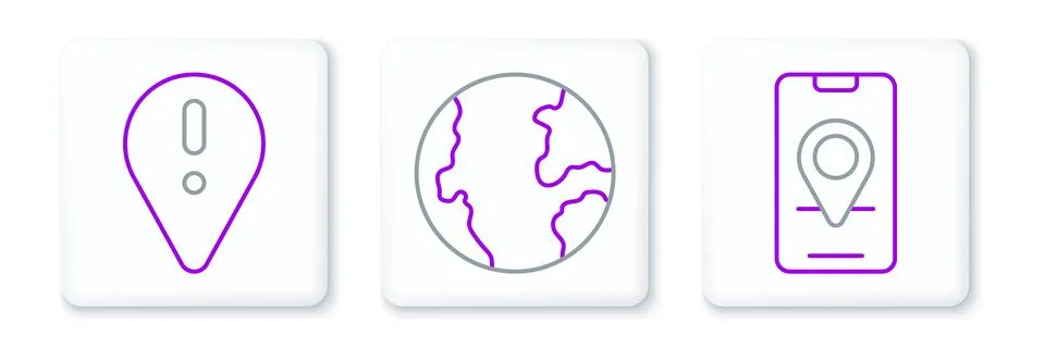 Set line City map navigation, Location with exclamation mark and Earth glob.. Stock Illustration