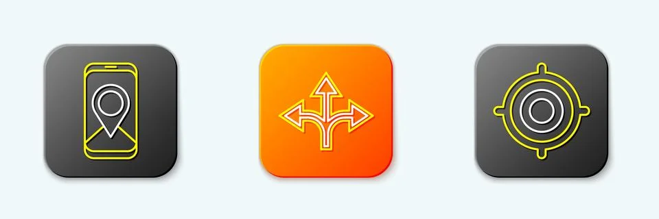 Set line City map navigation, Road traffic sign and Target sport icon. Vector Illustrazione stock