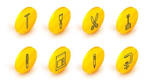 Set line Clamp and screw tool, Pencil with eraser, Cement bag, Chisel for wood Stock Illustration