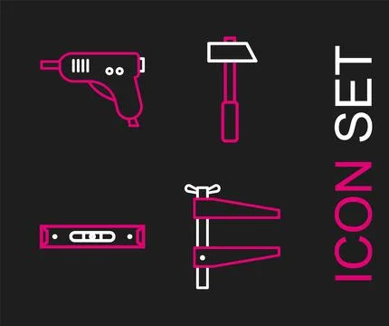Set line Clamp tool, Construction bubble level, Hammer and Electric hot glue gun Illustrazione stock