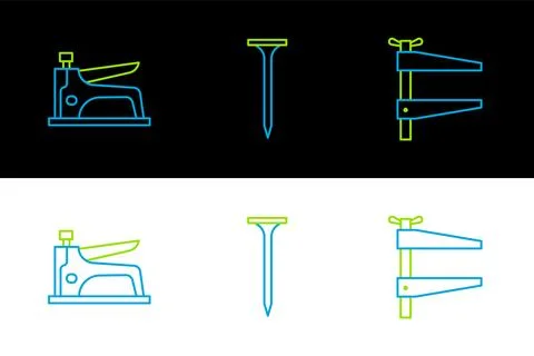 Set line Clamp tool, Construction stapler and Metallic nail icon. Vector Stock Illustration