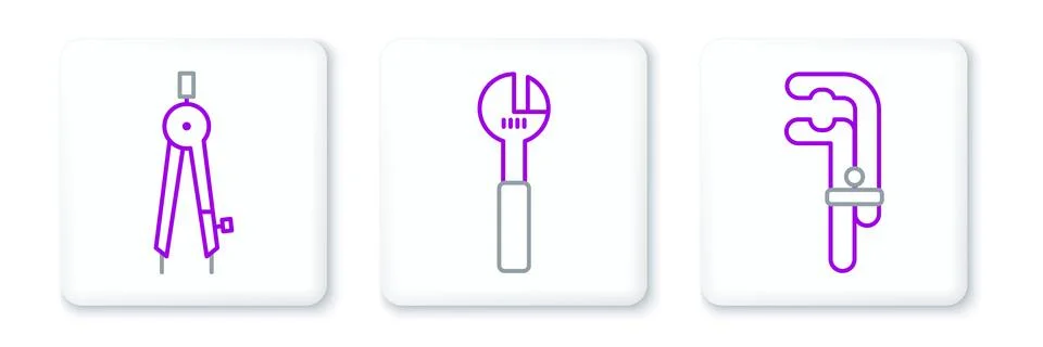 Set line Clamp tool, Drawing compass and Adjustable wrench icon. Vector Stock Illustration
