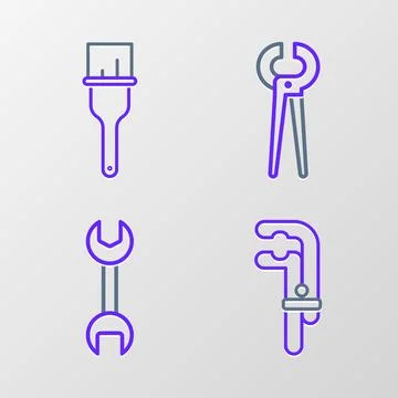 Set line Clamp tool, Wrench spanner, Pincers and pliers and Paint brush ico.. Stock Illustration