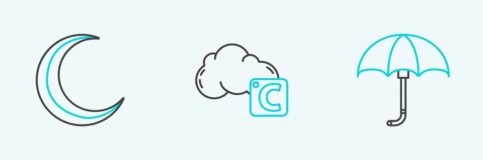 Set line Classic elegant opened umbrella, Moon and stars and Celsius cloud icon Stock Illustration