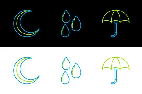 Set line Classic elegant opened umbrella, Moon and stars and Water drop icon. Stock Illustration