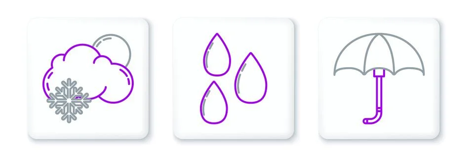 Set line Classic elegant opened umbrella, Cloud with snow and sun and Water drop Stock Illustration