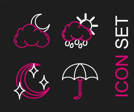 Set line Classic elegant opened umbrella, Moon and stars, Cloud with rain s.. Illustration
