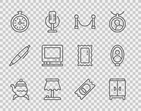 Set line Classic teapot, Wardrobe, Rope barrier, Table lamp, Pocket watch, .. Stock Illustration