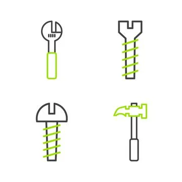 Set line Claw hammer, Metallic screw,  and Adjustable wrench icon. Vector Stock Illustration