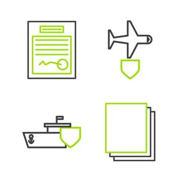Set line Clean paper, Ship with shield, Plane and Filled form icon. Vector Stock Illustration
