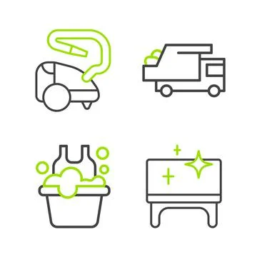 Set line Clean table, Basin with soap suds, Garbage truck and Vacuum cleaner Stock Illustration