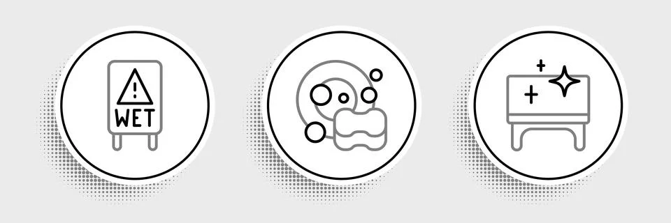 Set line Clean table, Wet floor and Washing dishes icon. Vector Stock Illustration