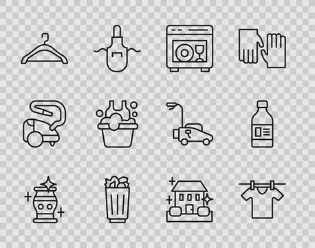 Set line Clean vase, Drying clothes, Dishwasher machine, Full trash can, Ha.. Stock Illustration