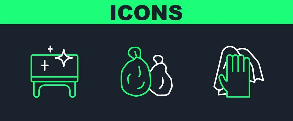 Set line Cleaning service, table and Garbage bag icon. Vector Illustrazione stock