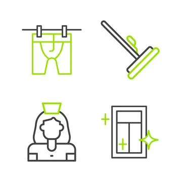 Set line Cleaning service for window, lady, Mop and Drying clothes icon. Vect Stock Illustration