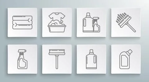 Set line Cleaning spray bottle with detergent liquid, Plastic basin soap su.. Illustrazione stock