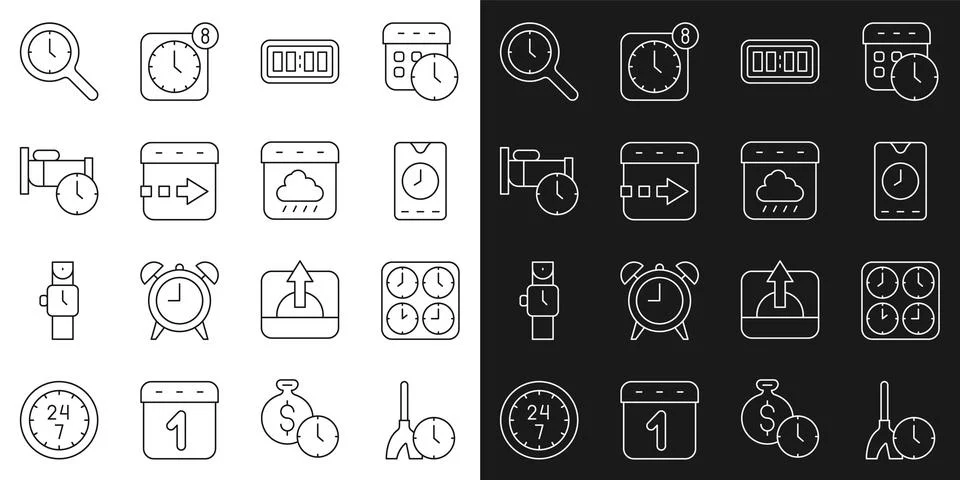 Set line Cleaning time, Time zone clocks, Alarm app mobile, Digital alarm, .. Stock Illustration