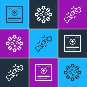 Set line Clinical record, Human broken bone and Virus icon. Vector Stock Illustration