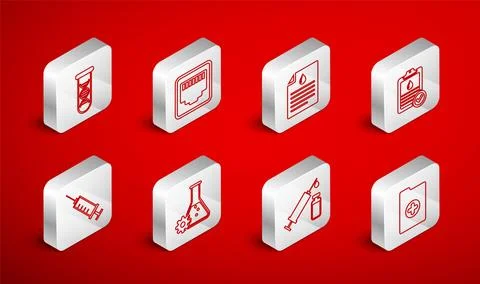 Set line Clinical record, Network port cable socket, Clipboard with blood test Stock Illustration