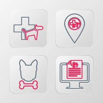 Set line Clinical record pet on monitor, Dog and bone, Location veterinary .. Illustrazione stock
