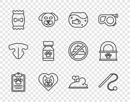 Set line Clinical record pet, Pet cat toy, Aquarium with fish, Heart, Bag o.. Stock Illustration
