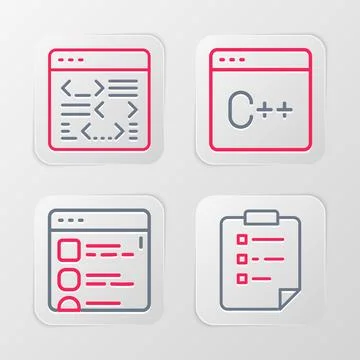 Set line Clipboard with checklist, Browser files, Software and icon. Vector Illustrazione stock