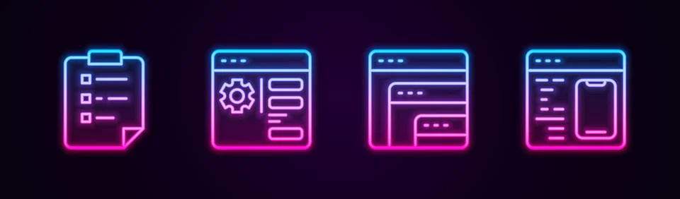 Set line Clipboard with checklist, Browser setting, Software and . Glowing .. Stock Illustration