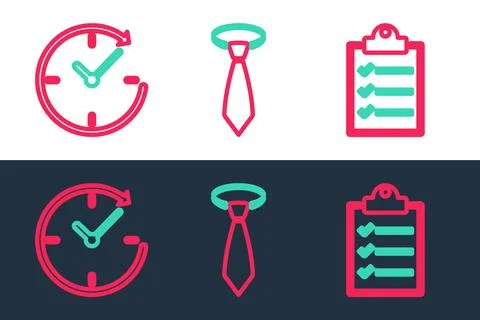Set line Clipboard with checklist, Clock arrow and Tie icon. Vector Stock Illustration