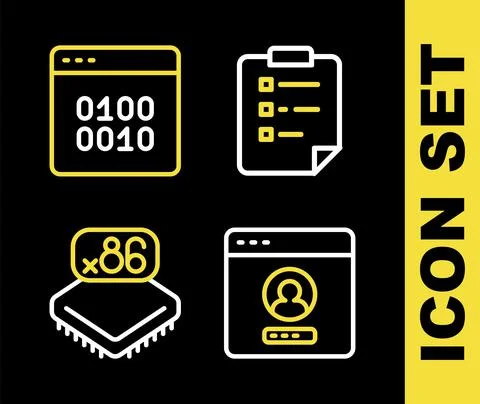 Set line Clipboard with checklist, Create account screen, Processor Illustrazione stock