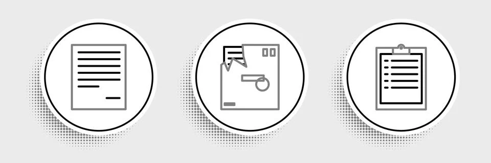 Set line Clipboard with checklist, Document and Ordered envelope icon. Vector Stock Illustration