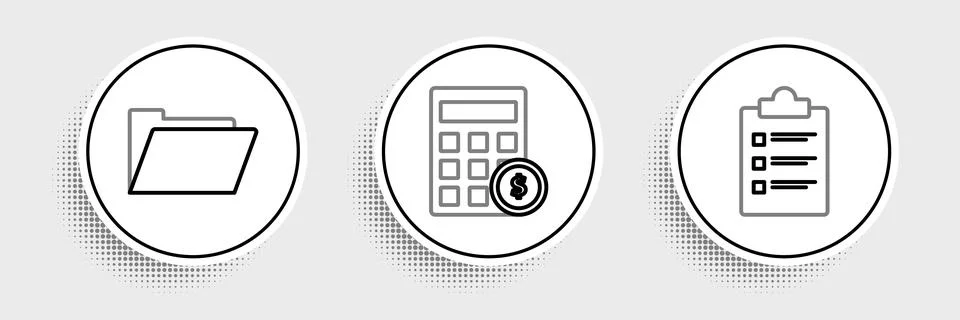 Set line Clipboard with checklist, Document folder and Calculator dollar sy.. Stockillustratie