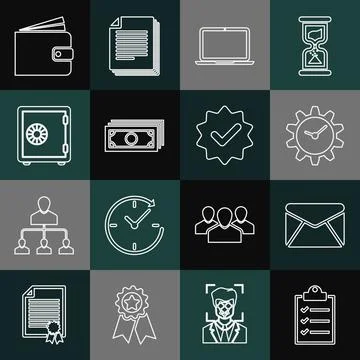 Set line Clipboard with checklist, Envelope, Time Management, Laptop, Stacks Stock Illustration