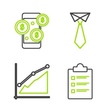 Set line Clipboard with checklist, Pie chart infographic, Tie and Smartphon.. Stock Illustration