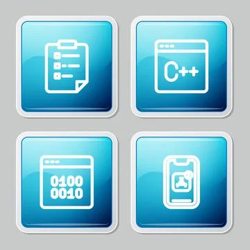 Set line Clipboard with checklist, Software, Binary code and Mobile Apps icon Stock Illustration