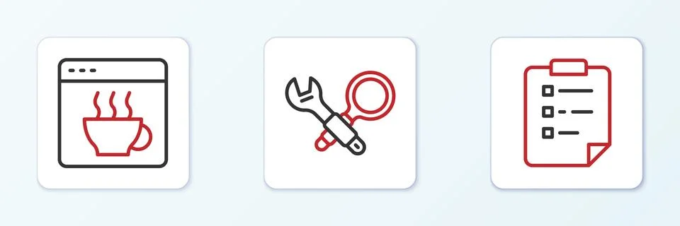 Set line Clipboard with checklist, Software and Debugging icon. Vector イラスト素材