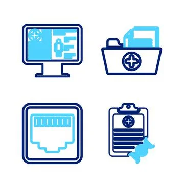 Set line Clipboard with DNA analysis, Network port cable socket, Health record Stock Illustration