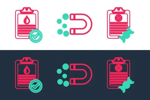 Set line Clipboard with DNA analysis, blood test and Magnet money icon. Vector Ilustración de archivo