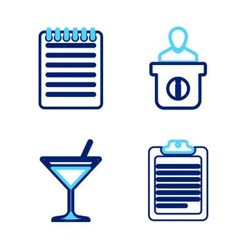 Set line Clipboard with document, Martini glass, Information desk and Notebook Stock Illustration