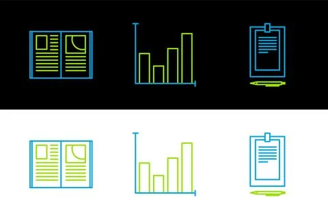 Set line Clipboard with document, Open book and Pie chart infographic icon... Stock Illustration