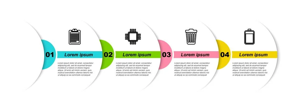 Set line Clipboard with document, Processor CPU, Trash can and Battery. Business Stockillustratie